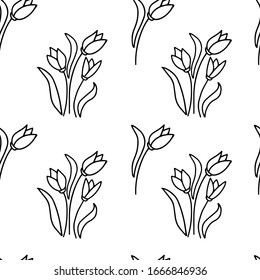 Seamless pattern tulips, line drawn. For wallpaper, background, textile, scrapbook. Minimalist art. Hand drawin tulips. Black outline flowers on isolated white background. Vector illustration.