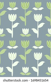 Seamless pattern of tulips and little flowers. Spring illustration in retro folk style. Stock vector ornament 