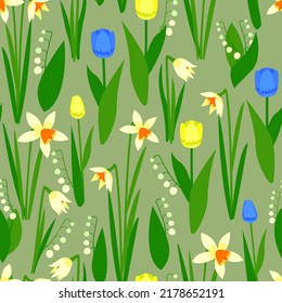 seamless pattern of tulips narcissus lilies of the valley