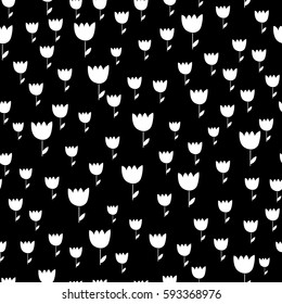 Seamless pattern tulips on black background . Spring . Hand drawn Vector illustration. Nature texture. Wrapping paper.