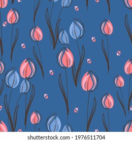 Seamless pattern with tulips on blue background vector illustration. 