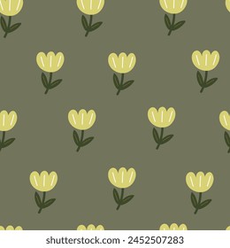 Seamless pattern with tulips on green background. Vector illustration 