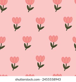 Seamless pattern with tulips on pink background. Vector illustration