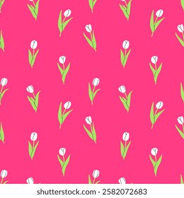 Seamless pattern with tulips on a pink background. Vector illustration background. Flat illustration.