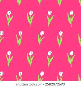 Seamless pattern with tulips on a pink background. Vector illustration background. Flat illustration.