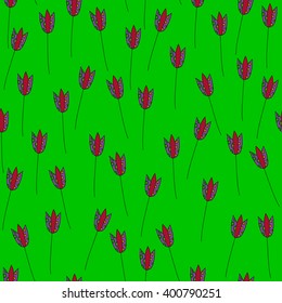 Seamless pattern. Tulips on a strongly green background. For printing on packaging, bags, cups, laptop, furniture, etc. Vector.