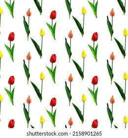 nahtloses Muster mit Tulpen auf weißem Hintergrund. Modernes Design für Wallpaper, Poster, Banner.  handgezeichnete Blumengrafik.