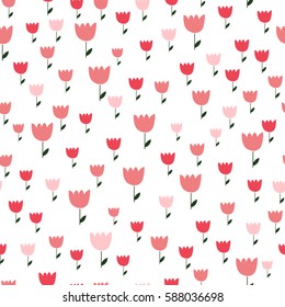 Seamless pattern with tulips on white background. Spring wrapping paper. Hand drawn Vector illustration. Nature texture.