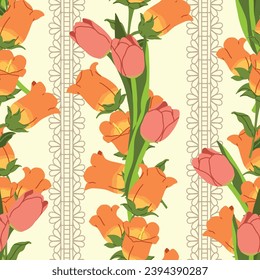 Seamless pattern tulips and orange flower with lace ribbon, Vintage floral background, Pattern for design wallpaper, gift wrap paper and fashion prints.