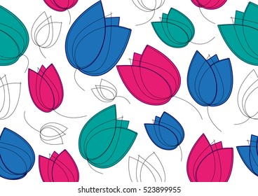 seamless pattern tulips
pink blue green with white background