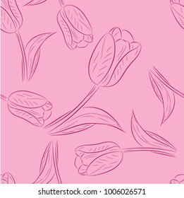 seamless pattern of tulips sketch on pink background, vector illustration