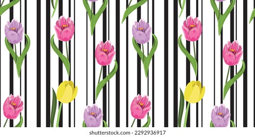 Seamless pattern with tulips and stripes on the background. Spring botanical, retro design.
