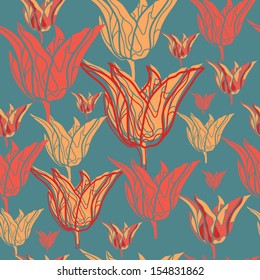 Seamless pattern with tulips. Vector background with flowers. Hand drawn artwork for textiles, fabrics, souvenirs, packaging and greeting cards.