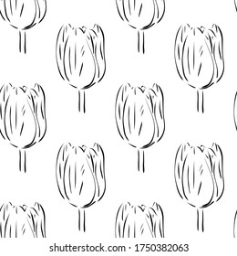 Patrón sin foco con tulipanes. Ilustración vectorial en un fondo blanco. 