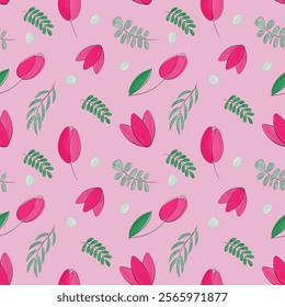 Seamless pattern with tulips. Vector illustration with tulips, branches, leaves, eucalyptus, made in thin line style. For decorating wrapping paper, fabric, cards, gifts.