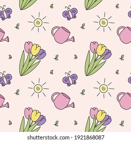 Seamless pattern with tulips and watering can. Spring background for sewing children's clothing, printing on fabric for girls and packaging paper.