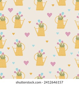 Seamless pattern with tulips in a watering can and hearts. Vector illustration.