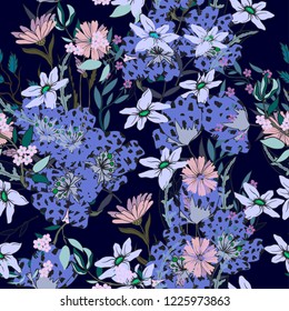Seamless pattern with tulips and wild flowers. Vector.