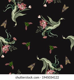 Patrón sin foco con tulipanes y flores silvestres. Vector