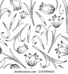 Seamless pattern with tulips. For wrapping paper, coloring page, wallpaper, textile.
