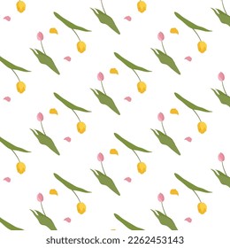Seamless pattern. Tulips are yellow and pink. Wallpaper .