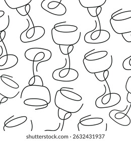 seamless pattern with tulip-shaped drinking glasses for various drinks drawn with several lines in line art style arranged randomly
