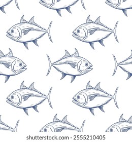 Seamless pattern, tuna fish, line pattern, blue on white background. Packaging, wrapping, background.