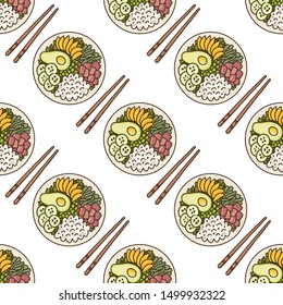 Seamless pattern with Tuna poke bowl - Hawaiian dish, rice with ahi tuna, avocado, mango, cucumber and seaweed. Excellent design for menu, brochures, poster, packaging, wrapping paper etc.