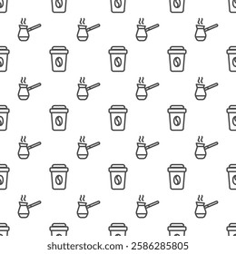 Seamless pattern with turk for coffee and cup icons. Texture pattern, coffee time. Wallpaper template. Black icons isolated on white background. Line style. vector illustration