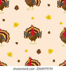 Seamless pattern with turkey on a beige background