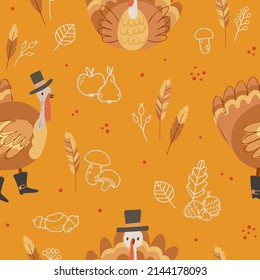 Seamless pattern with turkey and outline fruit on orange background. Thanksgiving autumn digital background with vector hand drawn elements. Seamless pattern for kids fabric and scrapbook paper.