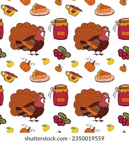 Seamless pattern with Turkey, pie, jam, pumpkin, apple, cranberries. Vector thanksgiving theme.