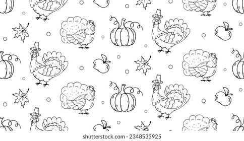 Seamless pattern with Turkey, Pumpkins, leaves and apple. Black and white Vector thanksgiving theme. Pattern for decoration, textile, fabric, notebook coves, background card, poster, web, scrapbooking