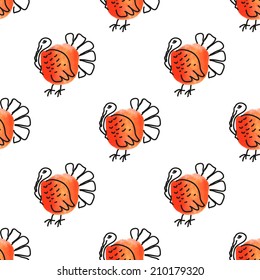 Seamless pattern with turkeys - watercolor doodle vector illustration