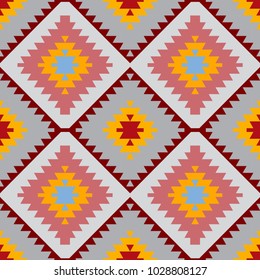 Seamless pattern Turkish carpet blue gray pink orange. Patchwork mosaic oriental kilim rug with traditional folk geometric ornament. Tribal style. Vector