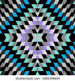 Seamless pattern Turkish carpet blue white gray purple black. Colorful patchwork mosaic oriental kilim rug with traditional folk geometric ornament. Tribal style. Vector