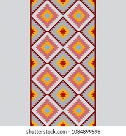 Seamless pattern Turkish carpet blue gray pink orange. Patchwork mosaic oriental kilim rug with traditional folk geometric ornament. Tribal style. Vector 
