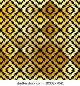 Seamless pattern Turkish carpet gold black. Patchwork mosaic oriental kilim rug with traditional folk geometric ornament. Tribal style. Vector