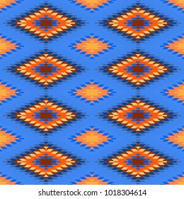 Seamless pattern Turkish carpet Orange color pink blue red. Colorful patchwork mosaic oriental kilim rug with traditional folk geometric ornament. Tribal style. Vector