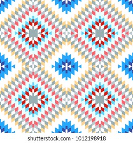 Seamless pattern Turkish carpet pink blue white red gray. Colorful patchwork mosaic oriental kilim rug with traditional folk geometric ornament. Tribal style. Vector