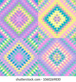 Seamless pattern Turkish carpet pink blue lilac purple pink beige. Patchwork mosaic oriental kilim rug with traditional folk geometric ornament. Tribal style. Vector
