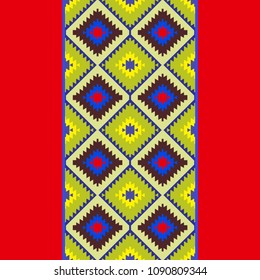 Seamless pattern Turkish carpet red yellow blue green. Patchwork mosaic oriental kilim rug with traditional folk geometric ornament. Tribal style. Vector