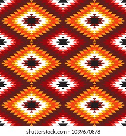 Seamless pattern Turkish carpet white red orange claret burgundy. Colorful patchwork mosaic oriental kilim rug with traditional folk geometric ornament. Tribal style. Vector