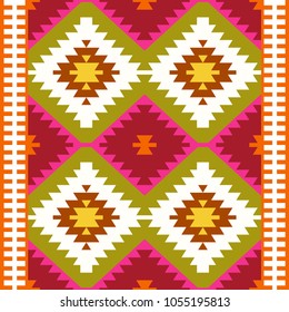 Seamless pattern Turkish carpet white red green olive khaki. Colorful patchwork mosaic oriental kilim rug with traditional folk geometric ornament. Tribal style. Vector