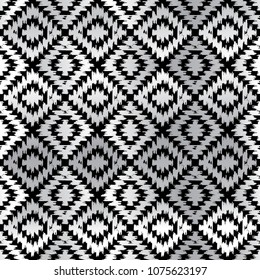 Seamless pattern Turkish carpet white black gray silver. Patchwork mosaic oriental kilim rug with traditional folk geometric ornament. Tribal style. Vector
