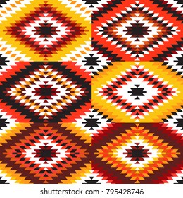 Seamless pattern Turkish carpet white red orange claret burgundy. Colorful patchwork mosaic oriental kilim rug with traditional folk geometric ornament. Tribal style. Vector