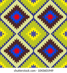 Seamless pattern Turkish carpet yellow blue red green brown. Patchwork mosaic oriental kilim rug with traditional folk geometric ornament. Tribal style. Vector