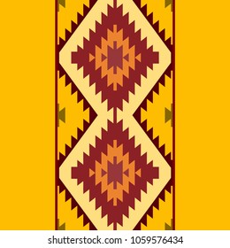 Seamless pattern Turkish carpet yellow beige orange brown. Patchwork mosaic oriental kilim rug with traditional folk geometric ornament. Tribal style. Vector 