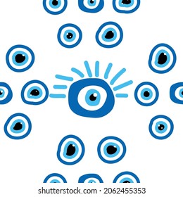 Seamless pattern with Turkish evil eye bead. Good luck. Turkish tile. Oriental ottoman design for wallpapers, pattern fills, textile