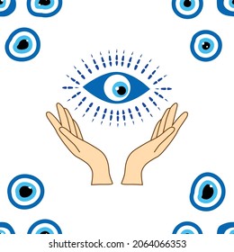 Seamless pattern with Turkish evil eye bead. Good luck. Turkish tile. Oriental ottoman design for wallpapers, pattern fills, textile